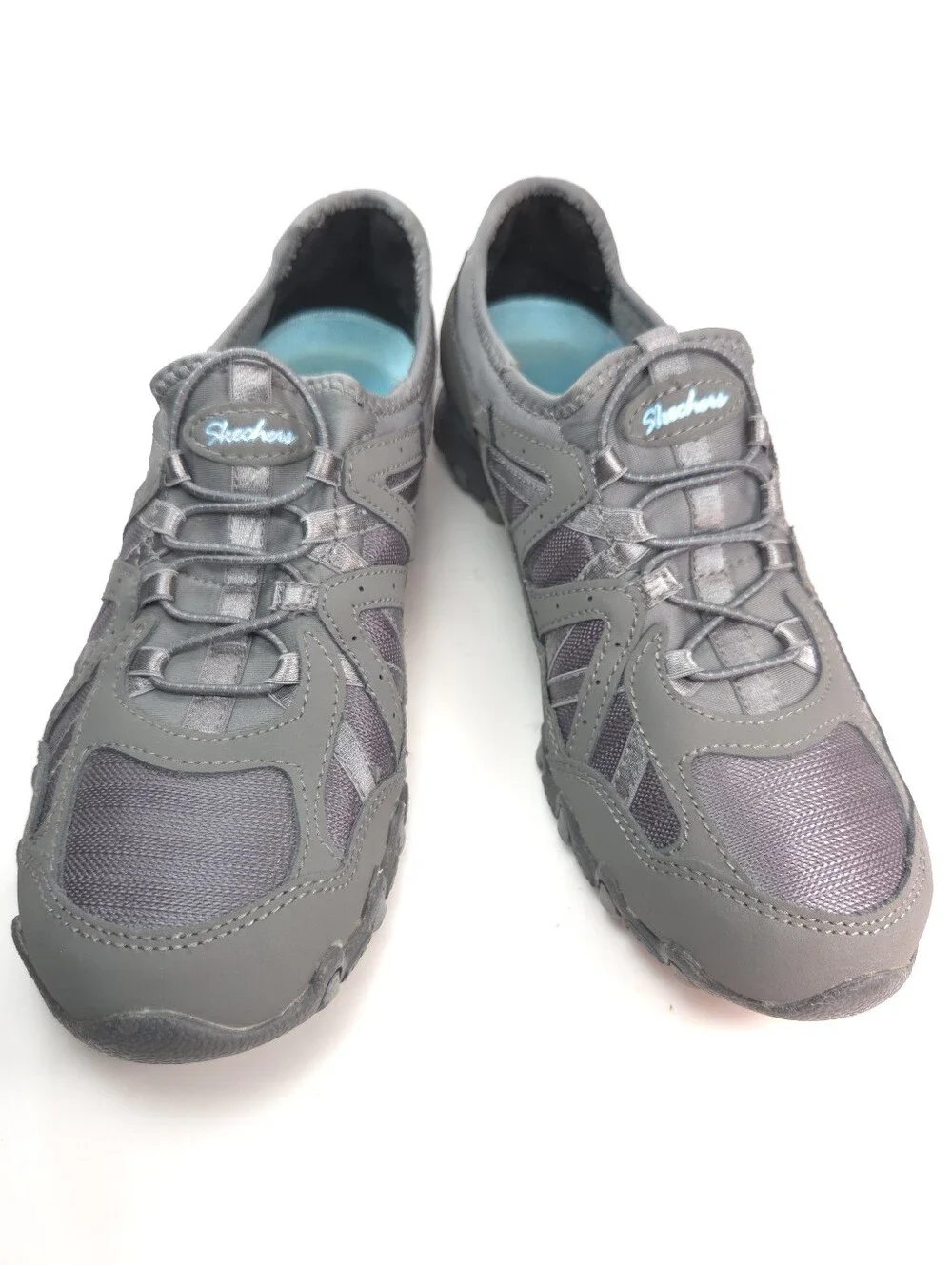 Skechers Bikers Gray & Teal Slip‑On Bungee‑Lace Walking Sneakers Sz 8